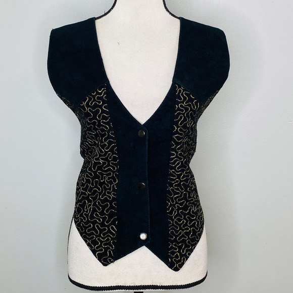 Vintage Gold Embroidered Black Suede Vest Womens Large Maximalist Rodeo Festival - Picture 2 of 12